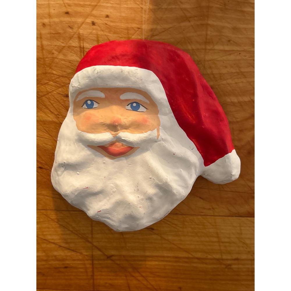 Vintage Style Paper Mache Santa Claus Face Christmas Ornament Hand Painted 4in